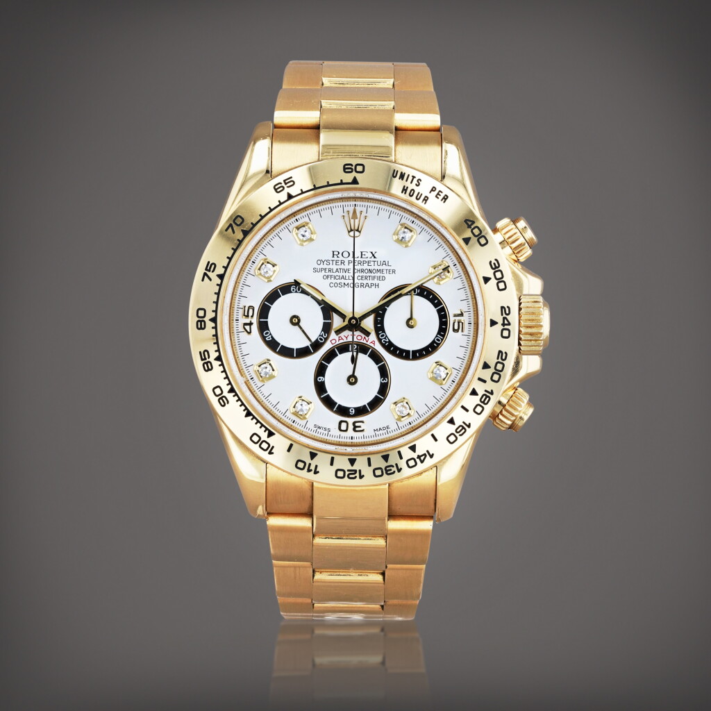 View full screen - View 1 of Lot 356. Daytona 'Inverted 6', reference 16528 Montre bracelet chronographe en or jaune et index diamant | Yellow gold chronograph wristwatch with diamond indexes and bracelet Vers 1993 | Circa 1993.