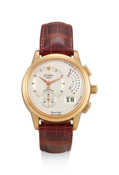 View full screen - View 1 of Lot 8186. GLASHÜTTE | PANOGRAPH, RERERENCE G16101010104, A PINK GOLD FLYBACK CHRONOGRAPH WRISTWATCH WITH DATE AND POWER RESERVE INDICATION, CIRCA 2005.