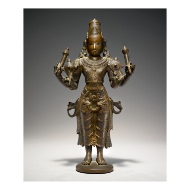 View full screen - View 1 of Lot 357. A COPPER ALLOY FIGURE OF VISHNU SOUTH INDIA, VIJAYANAGAR, 15TH CENTURY.
