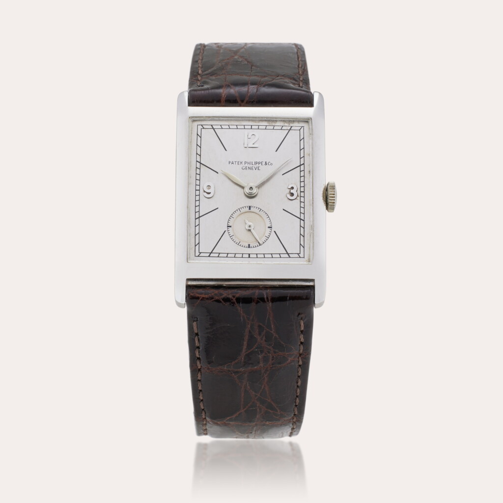 View full screen - View 1 of Lot 113. A platinum rectangular shaped wristwatch, Circa 1925.