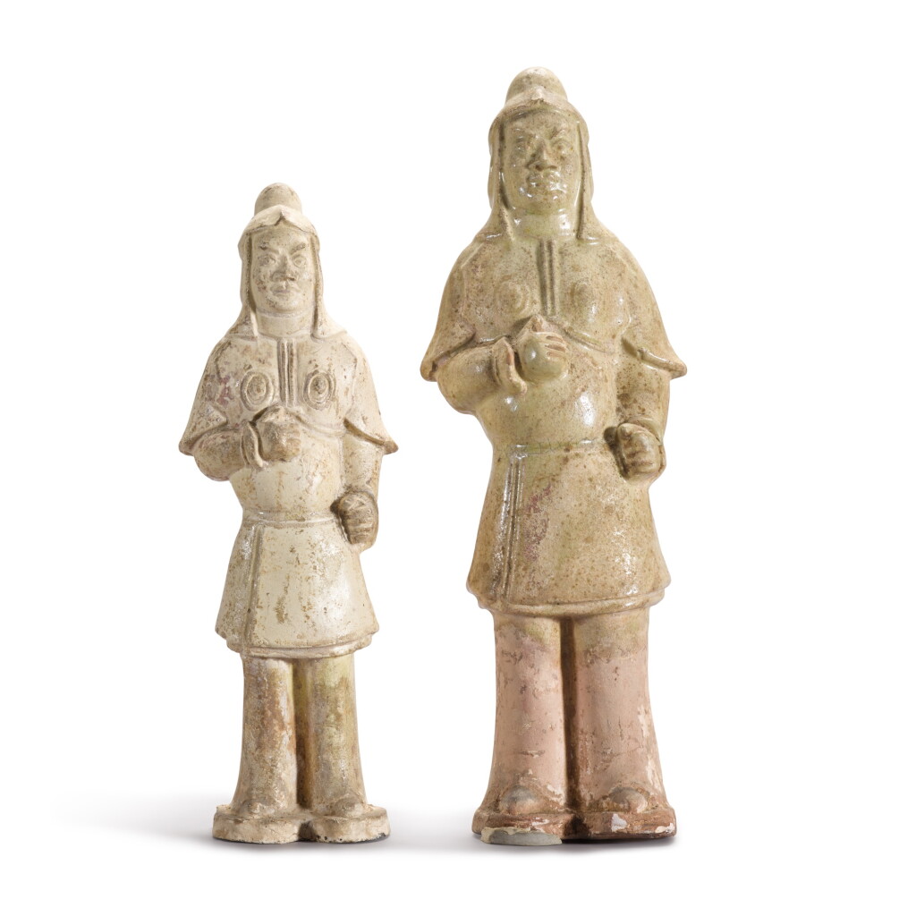 View full screen - View 1 of Lot 69. Two straw-glazed pottery figures of warriors, Tang dynasty | 唐 白釉陶俑一組兩件.