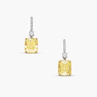 View full screen - View 1 of Lot 1698. Pair of Fancy Intense Yellow Diamond and Diamond Pendant Earrings | 6.56 及 6.39克拉 濃彩黃色鑽石 配 鑽石 耳墜一對.