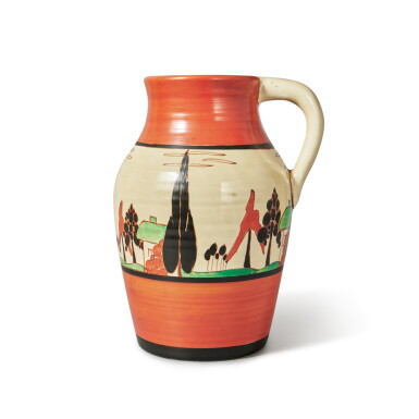 View full screen - View 1 of Lot 1145. A Clarice Cliff 'Trees and House' (Alpine)-Pattern Lotus Jug, circa 1930.