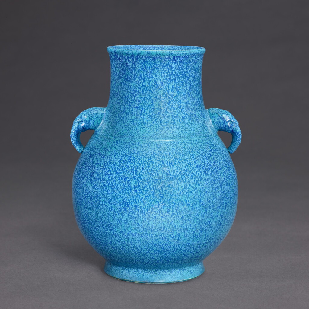 View full screen - View 1 of Lot 3519. A 'robin's egg'-glazed 'elephant'-handled vase, hu, Qing dynasty, Qianlong period | 清乾隆 爐鈞釉象耳壺.