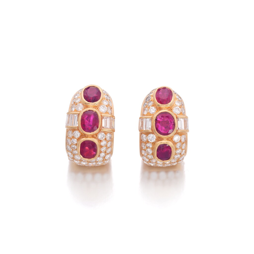 View full screen - View 1 of Lot 880. Pair of ruby and diamond earrings.