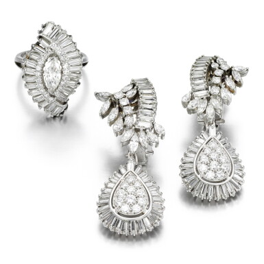 View full screen - View 1 of Lot 93. Pair of diamond earrings and ring.