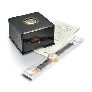 View full screen - View 1 of Lot 2218. Advanced Research Annual Calendar, Reference 5350 | A limited edition pink gold annual calendar wristwatch with silicon escape wheel, silinvar spiromax balance spring, moon phases and power reserve indication in single factory seal, Made in 2007 | 百達翡麗 | Advanced Research Annual Calendar 型號5350 | 限量版粉紅金年曆腕錶,備矽製擒縱齒輪、spiromax 擺輪游絲、月相及動力儲備顯示,原廠未開封,2007年製.