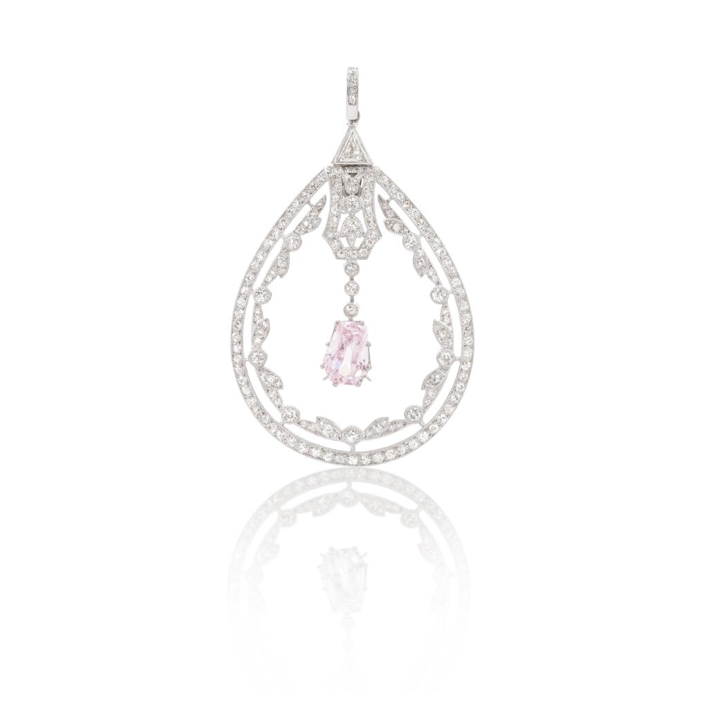 View full screen - View 1 of Lot 1041. Fancy Light Pink diamond and diamond pendant, circa 1910.