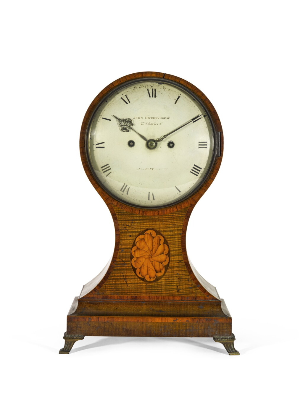 View full screen - View 1 of Lot 52. A GEORGE III TULIPWOOD AND HAREWOOD BALLOON TABLE CLOCK, JOHN DWERRYHOUSE, LONDON, CIRCA 1790.