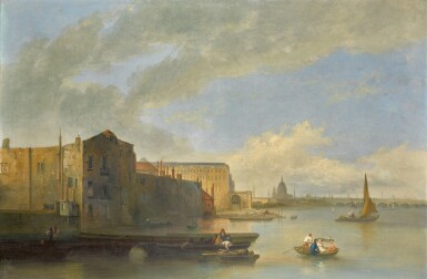View full screen - View 1 of Lot 72. WILLIAM P. SHERLOCK | London, a view of the River Thames with hay barges and sailing vessels, Blackfrairs Bridge and St. Paul's beyond.