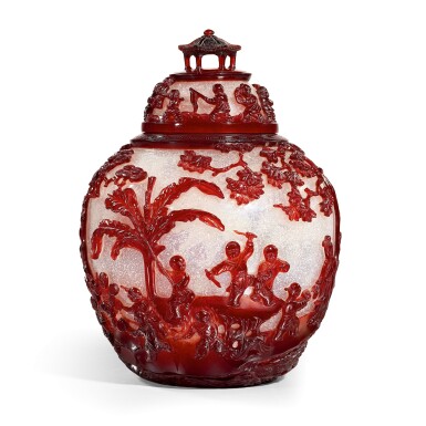 View full screen - View 1 of Lot 3606. An extremely rare and superb ruby-red overlay Peking glass jar and cover Seal mark and period of Qianlong | 清乾隆 雪霏地套寶石紅料庭園仕女嬰戲圖蓋罐 《乾隆年製》款.