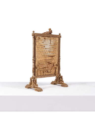 View full screen - View 1 of Lot 22. A Louis XVI style painted and parcel-gilt beechwood fire screen, late 19th century, after the model by Jean-Baptiste Claude Sené for Marie-Antoinette's cabinet de toilette at the Château de Saint-Cloud.