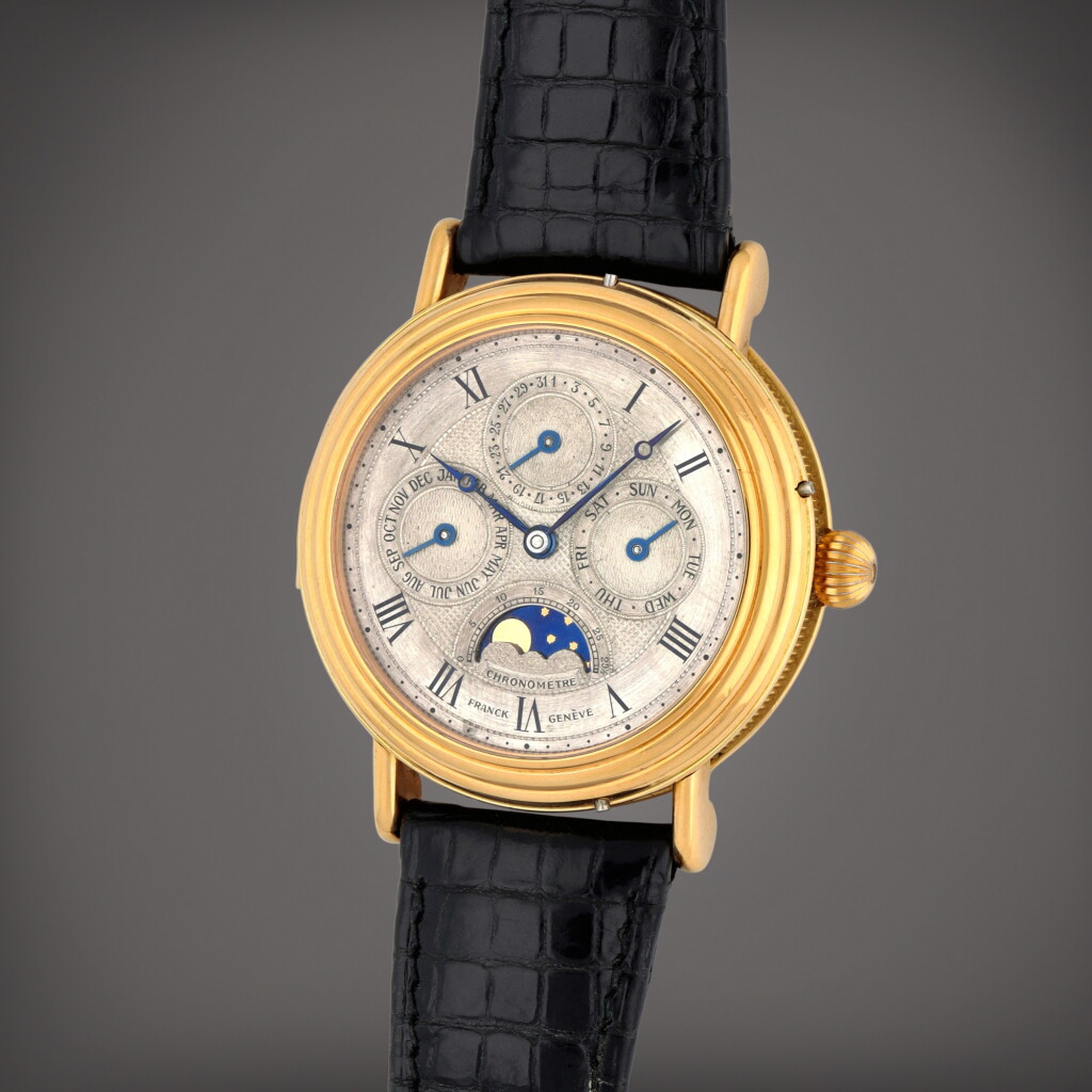 View full screen - View 1 of Lot 48. A unique pre-brand minute repeating perpetual calendar wristwatch with moon phases | Circa 1992.