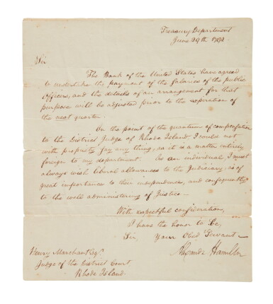 View full screen - View 1 of Lot 29. Hamilton, Alexander | Treasury Secretary Hamilton wishes "liberal allowances to the Judiciary".