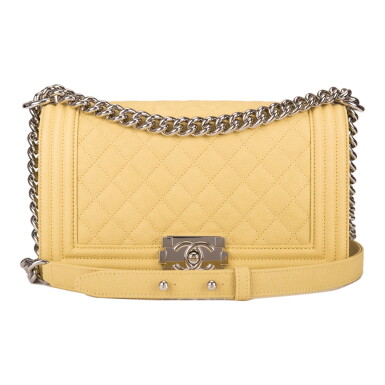 View full screen - View 1 of Lot 84. Chanel Yellow Quilted Old Medium Boy Bag of Caviar Leather with Silver Hardware.