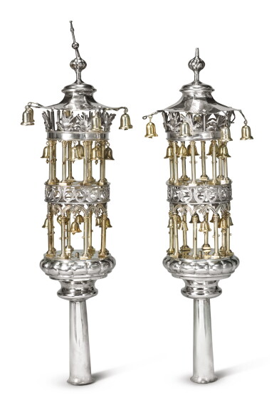 View full screen - View 1 of Lot 103. A PAIR OF GERMAN PARCEL-GILT SILVER TORAH FINIALS, POSSIBLY BERLIN, CIRCA 1820-40.