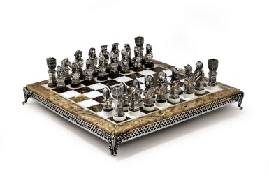 View full screen - View 1 of Lot 7. AN ITALIAN SILVER, MARBLE AND ONYX CHESSBOARD, PROBABLY FLORENCE, CIRCA 1960 | JEU D'ÉCHECS EN ARGENT, MARBRE ET ONYX, ITALIE, PROBABLEMENT FLORENCE, VERS 1960.