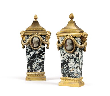 View full screen - View 1 of Lot 200. A pair of continental Louis XVI gilt-bronze-mounted Granito della Colonna urns with covers, circa 1770.