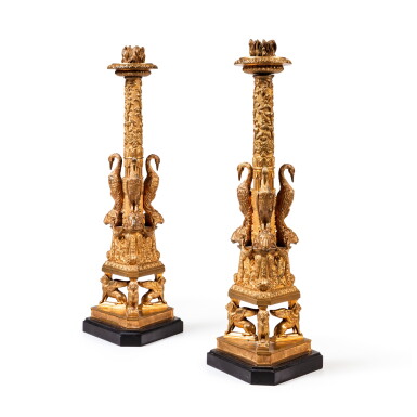 View full screen - View 1 of Lot 182. A pair of gilt-bronze candlesticks, attributed to Giuseppe Boschi (1766-1821), Rome, circa 1820.