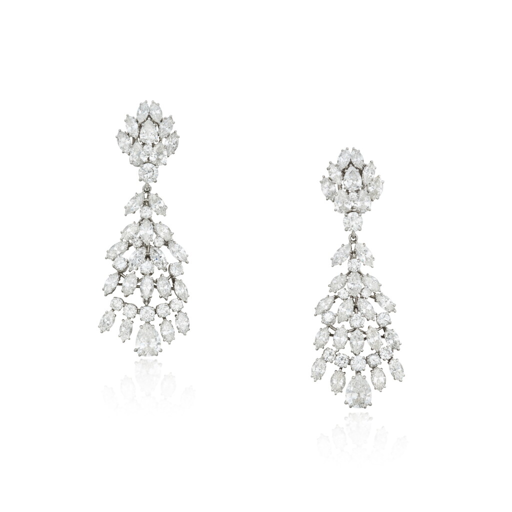 View full screen - View 1 of Lot 9. Pair of Diamond Pendant-Earclips.