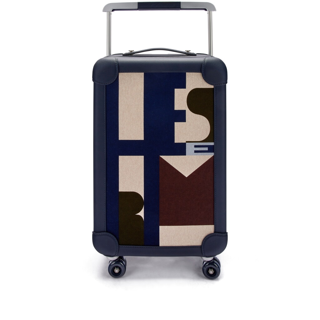 View full screen - View 1 of Lot 9699. Bleu Indigo, Ecru, Beige, Bleu Nuit Printed H Plume Canvas and Taurillon Regate R.M.S. Rolling Mobility Suitcase Palladium Hardware.