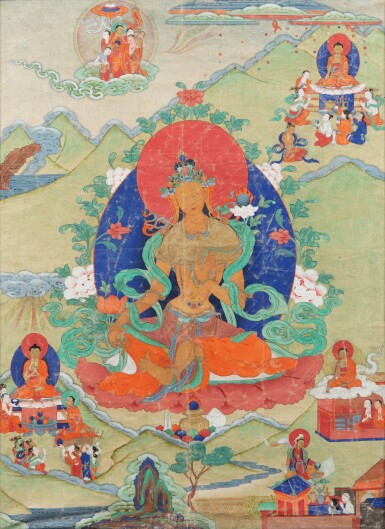 View full screen - View 1 of Lot 53. Tangka représentant la Tara verte Dynastie Qing, XVIIIE-XIXE siècle | 清十八至十九世紀 綠度母唐卡 及 清十九世紀 大黑天唐卡 | A thangka depicting Green Tara, distemper on cloth, Qing Dynasty, 18th-19th century; together with a smaller thangka, Qing Dynasty, 19th century.