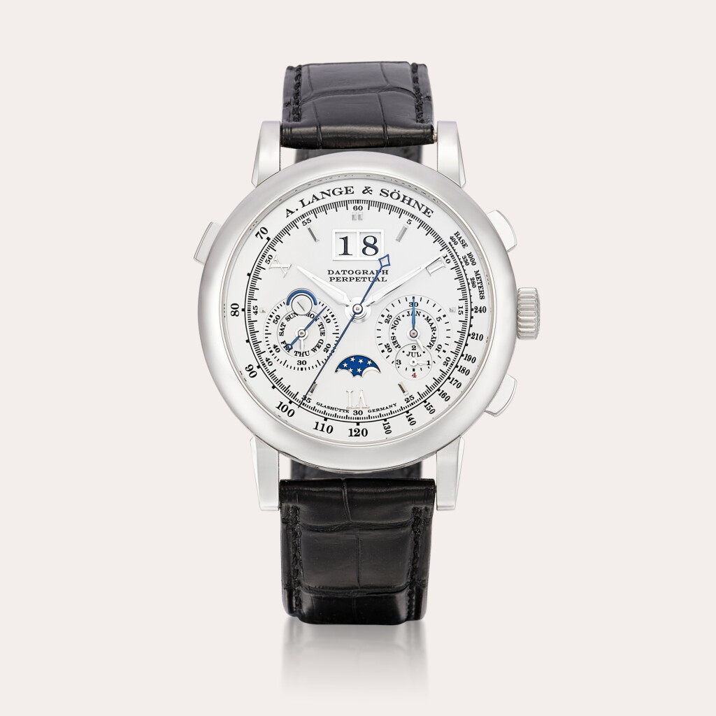 View full screen - View 1 of Lot 2179. Datograph Perpetual, Reference 410.025FE | A platinum perpetual calendar flyback chronograph wristwatch with moon phases, leap year and day and night indication, Circa 2008.