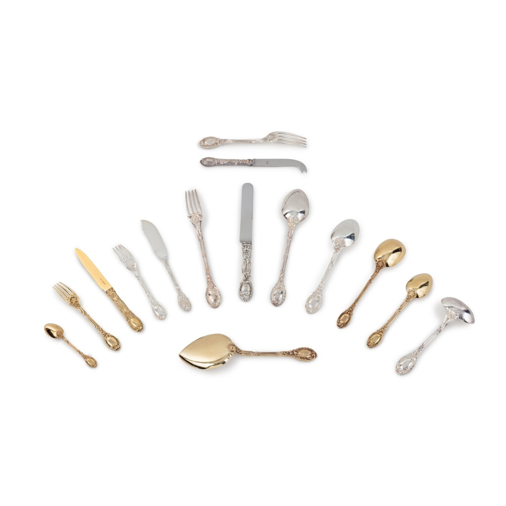 View full screen - View 1 of Lot 168. A 228-piece parcel-gilt silver Meissonier-design flatware set, Odiot, Paris, modern | Ménagère de 228 pièces en argent et vermeil, modèle Meissonier, par Odiot, Paris, moderne.