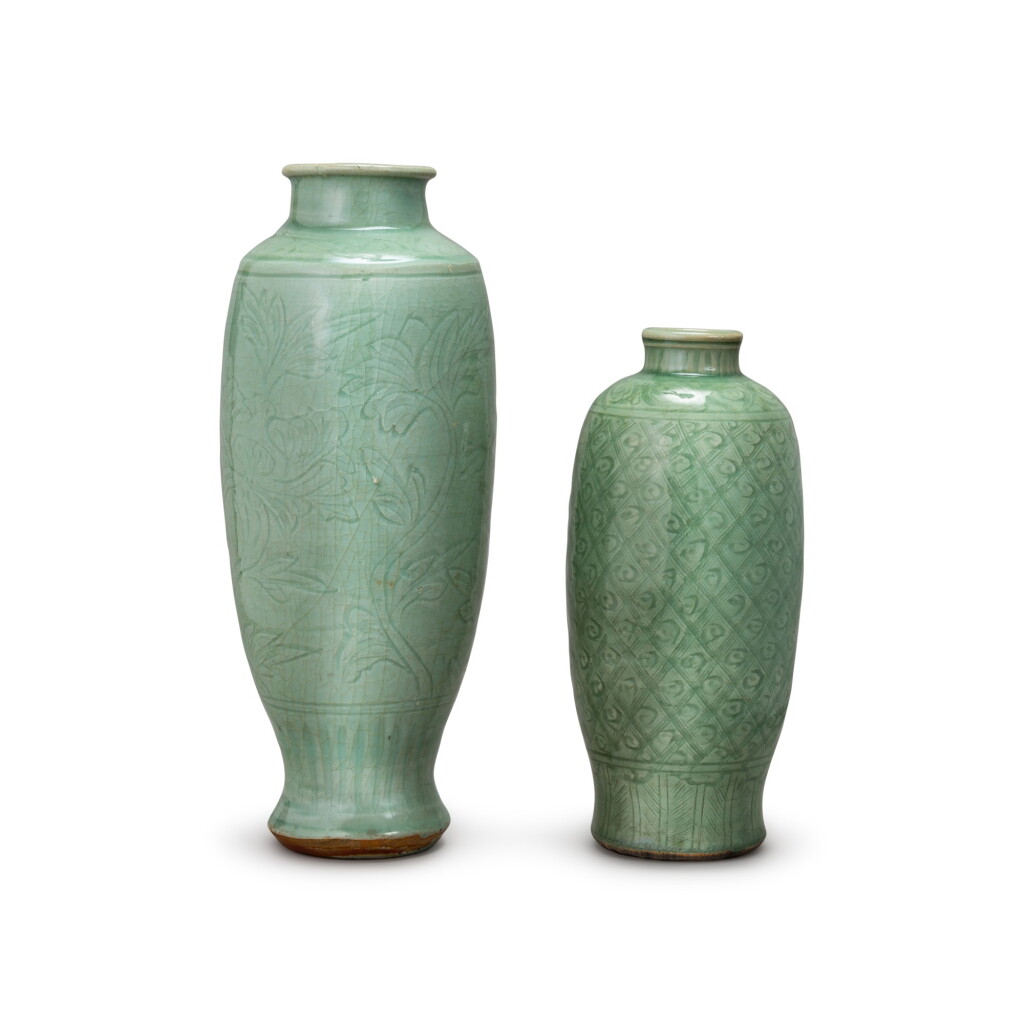 View full screen - View 1 of Lot 154. Two Longquan celadon vases, Ming dynasty | 明 龍泉窰青釉瓶兩件.