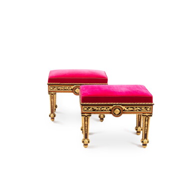 View full screen - View 1 of Lot 81. A pair of neoclassical stools, circa 1778, attributed to Godtfried Weber, the mounts by Michel Dewez, the design attributed to Laurent-Benoît Dewez, Brussels.
