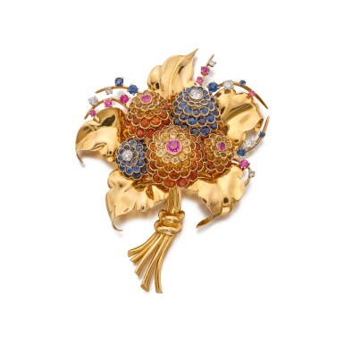 View full screen - View 1 of Lot 51. Mauboussin | Sapphire, Ruby, Citrine and Diamond Clip-Brooch, France 藍寶石配紅寶石、黃水晶及鑽石別針,法國.