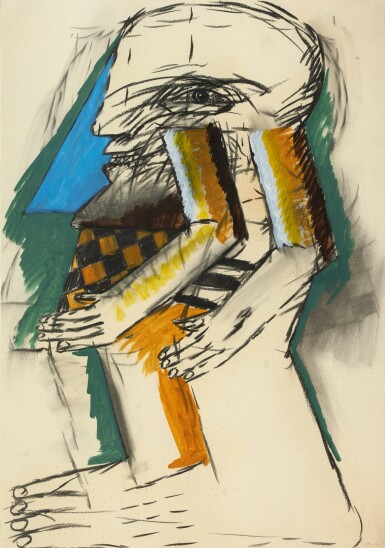 View full screen - View 1 of Lot 124. Figur mit florentiner Kappe und kariertem Kleid (Figure with florentine cap and chequered dressure).