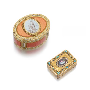 View full screen - View 1 of Lot 1546. A small jewelled gold and enamel snuff box, Oltramare family, Geneva, circa 1815, and a two-coloured gold and enamel snuff box, late nineteenth century in Paris 1770s style.