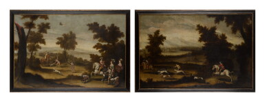 View full screen - View 1 of Lot 138. HISPANO-FLEMISH SCHOOL, 17TH CENTURY | A hawking party in a wooded river landscape; A boar hunt in a wooded landscape.