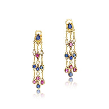 View full screen - View 1 of Lot 134. Pair of gem-set and diamond ear clips .
