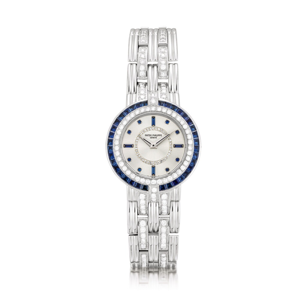 View full screen - View 1 of Lot 2050. Patek Philippe | Reference 3982/11, A white gold, diamond and sapphire-set bracelet watch, Made in 1988 | 百達翡麗 | 型號3982/11 白金鑲鑽石及藍寶石鏈帶腕錶,1988年製.