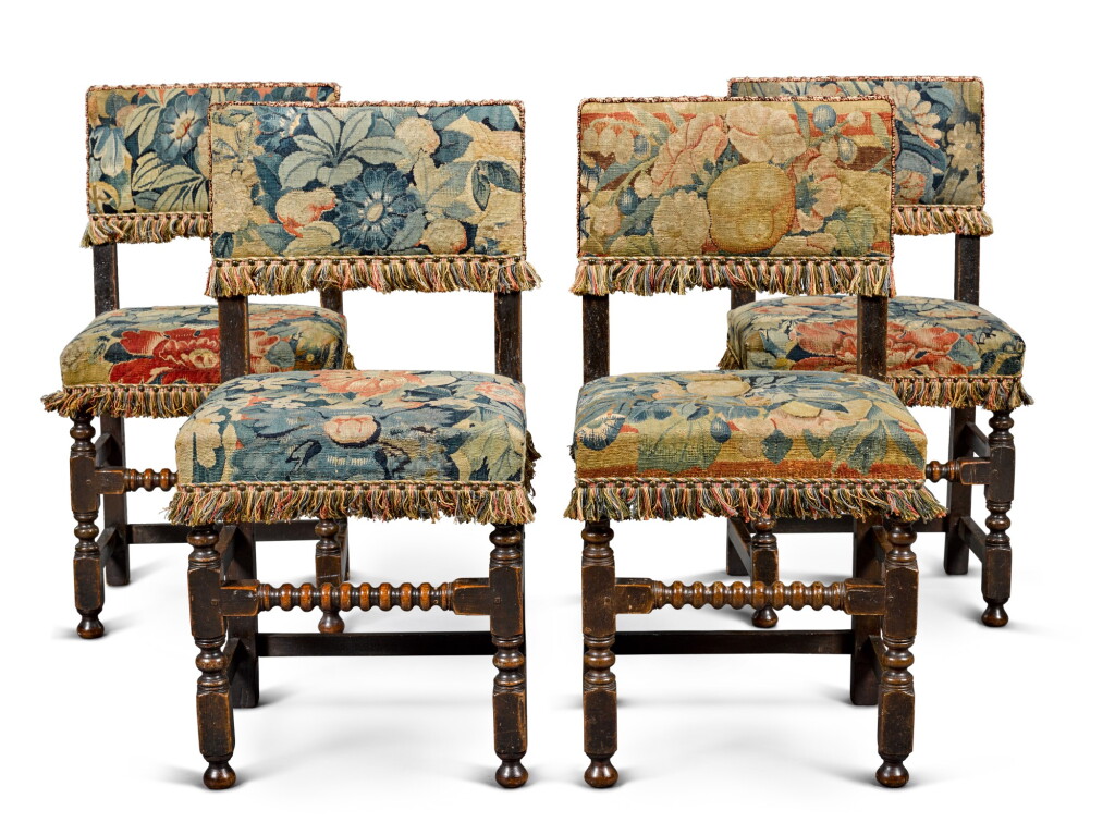 View full screen - View 1 of Lot 26. A set of four Charles II oak and tapestry covered chairs, circa 1670.