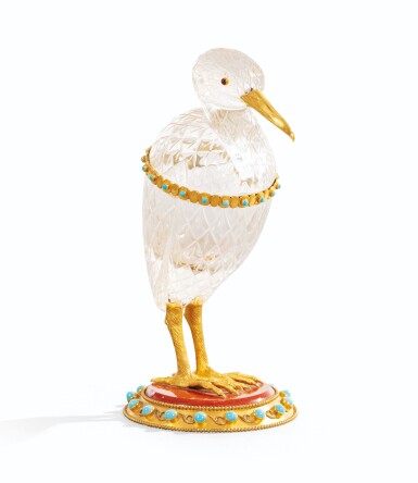 View full screen - View 1 of Lot 20. ROCK CRYSTAL HERON MOUNTED IN GOLD, TURQUOISE AND CARNELIAN, BY BOUCHERON, CIRCA 1960 | HÉRON EN CRISTAL DE ROCHE MONTÉ EN OR, TURQOISE ET CORNALINE, PAR BOUCHERON, CIRCA 1960.
