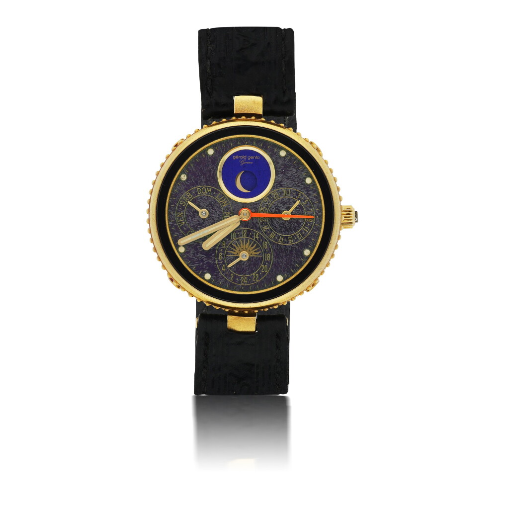 View full screen - View 1 of Lot 68. GÉRALD GENTA | GEFICA SAFARI REF 2798, A YELLOW GOLD QUARTZ DUAL TIME WRISTWATCH WITH DATE, DATE AND MOON PHASES CIRCA 1990.