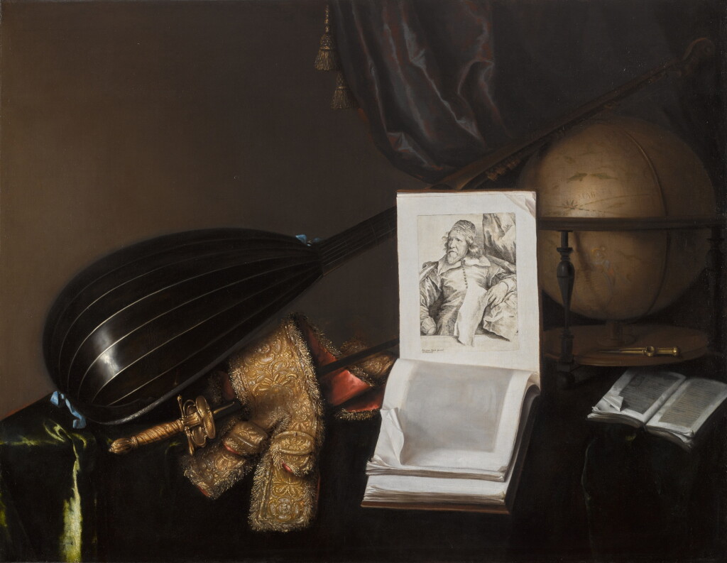 View full screen - View 1 of Lot 20. Still life with a theorbo, a glove, a sash, a sword, books and a print of Inigo Jones (1573–1652).