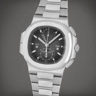 View full screen - View 1 of Lot 213. Nautilus, Reference 5990/1A-001 | A stainless steel dual time zone flyback chronograph wristwatch with date and dual day/night indication | Circa 2020.