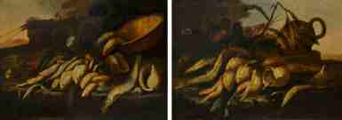 View full screen - View 1 of Lot 475. A pair of still lifes of saltwater fish, shells and crustaceans on a stone ledge.