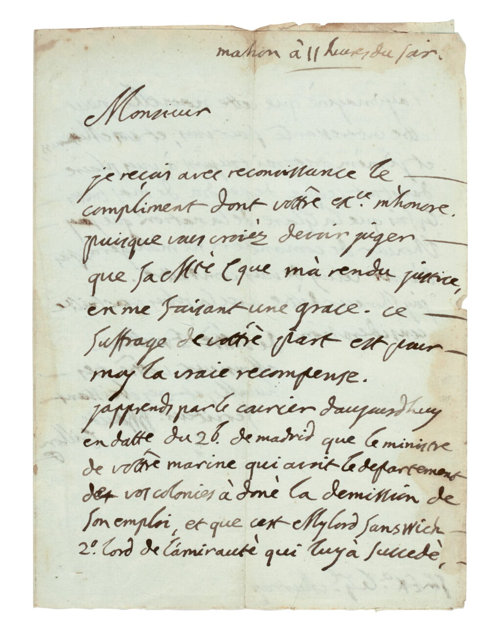 View full screen - View 1 of Lot 80. MINORCA | two letters to Lt. General James Murray, Governor of Minorca, 1781-82.