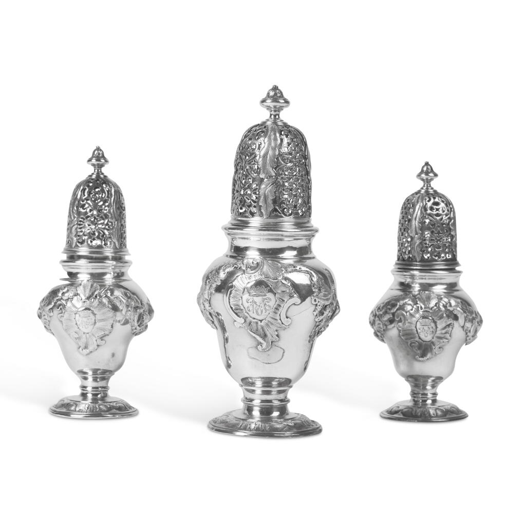 View full screen - View 1 of Lot 443. A Set of three George II Silver Casters, James Shruder, London, 1737.