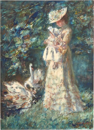 View full screen - View 1 of Lot 84. Feeding the Swans, the Artist's Wife Tjieke and their Daughter Albertine.
