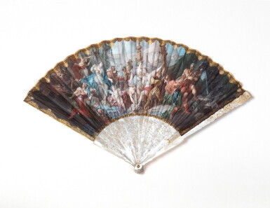 View full screen - View 1 of Lot 165. A mother-of-pearl brisé fan representing Apollo and Thetis, probably France or Italy, 18th century | Eventail brisé en nacre et papier peint représentant Apollon et Thétis, probablement France ou Italie, XVIIIe siècle.