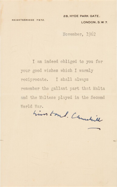 View full screen - View 1 of Lot 17. Winston Churchill | typed letter signed, addressed to the people of Malta, November 1962.