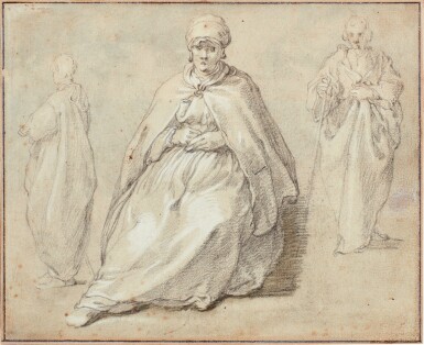 View full screen - View 1 of Lot 145. Recto: A sitting woman, seen from the front; and two standing men; Verso: Three standing young men in wide cloaks.