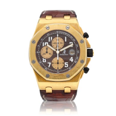View full screen - View 1 of Lot 38. Royal Oak Offshore Chronograph "Arnold Schwarzenegger" reference 26007BA.OO.D088CR.01 A 18k yellow gold automatic chronograph wristwatch with date, circa 2004.