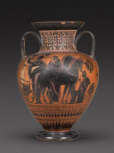 View full screen - View 1 of Lot 3. An Attic Black-figured Neck Amphora, attributed to the Manner of the Antimenes Painter, circa 530-510 B.C..